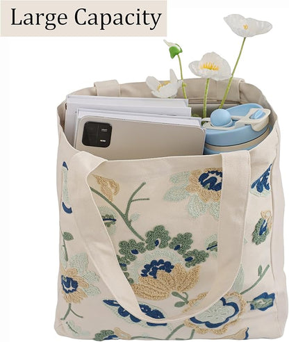 Aesthetic Embroidery Tote Bag for Lady Cute Reusable Canvas Shoulder Bag for Girls Women Shopping Grocery