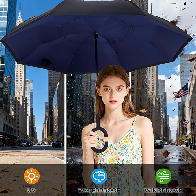 Inverted Umbrella, 49 Inch Double-Layer Vented Reverse Umbrella, Windproof Waterproof UV Protection, Lightweight C-Handle, Fiberglass Ribs, Steel Shaft, Travel/Commute/Car Use, With Sleeve