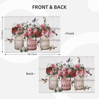 Rose Flower Placemats Set of 4 Farmhouse Peony Floral Table Mats Washable Place mats for Home Party Indoor Kitchen Dining Table Decoration 12x18 Inch