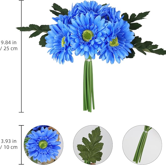 IPOPU 2 Bundles Artificial Gerbera Daisy Flowers 14 Heads Blue Fake Daisy with Stems Faux Silk Daisy Flowers for Wedding Bridal Bouquet Party Floral Arrangements Table Centerpiece Decor (Blue)