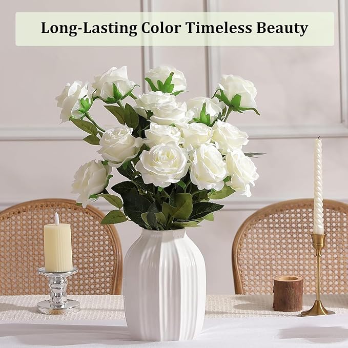 White Roses Artificial Flowers 15 PCS, Fake Roses Silk Flowers with Long Stems, Faux Rose for Wedding Centerpieces, Home Decor, Indoor Floral Arrangements, Party Decor, DIY Bouquet (White)