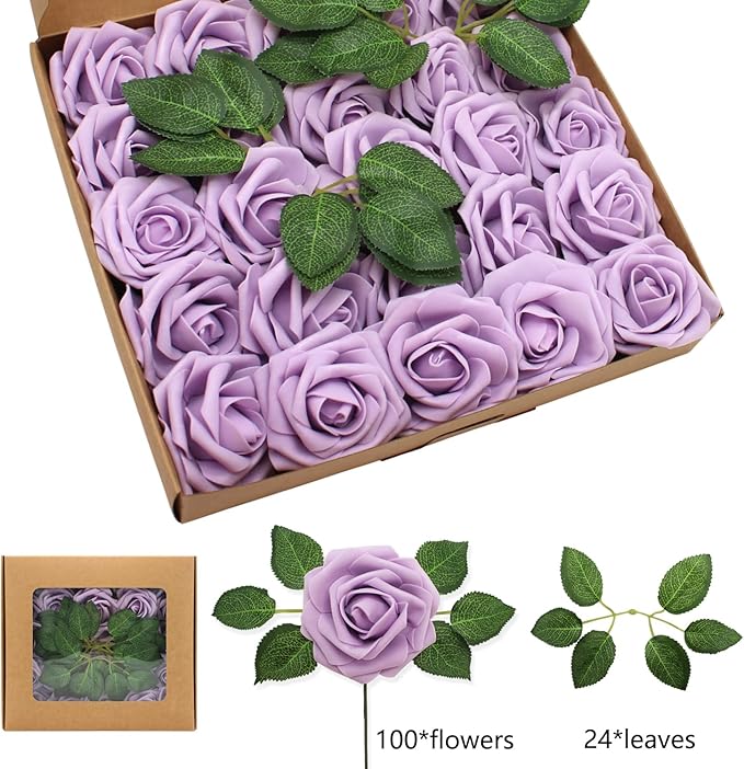 Light Purple Artificial Roses Flowers 100pcs Real Looking Foam Fake Roses with Stems for DIY Wedding Bouquets Bridal Shower Centerpieces Party Decorations (Light Purple)