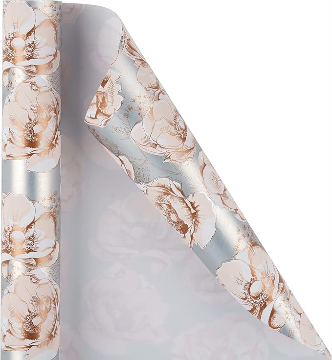 WRAPAHOLIC 30 Inch Reversible Floral Wrapping Paper - 30 Inch X 33 Feet - Sliver Flower Wrapping Paper for Wedding, Birthday, Valentines' Day, Baby Shower, Anniversary, Bridal Shower