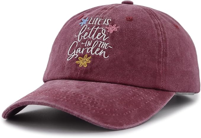 Life is Better in The Garden Hat for Women, Adjustable Embroidered Cotton Gardening Baseball Cap