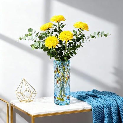 9.45" Tall Aqua Vase Hand Blown Glass Vase Green, Modern Aqua Home Centerpieces Wide Mouth Vases for Bud&Flower Decor - Ideal Living Room, Kitchen, Wedding, Dining Table, Office Center Table