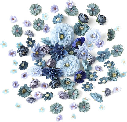 Floroom Mini Artificial Flower Heads Dusty & Navy Blue Fake Peony Daisy Rose Multicolor Small Faux Silk Flower Heads for Cake Craft Garland Wedding Party Graduation Cap DIY Home Decoration, 0.8"-3.6"