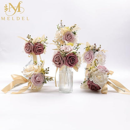 Meldel Set of 6 Wedding Flowers Fake Rose Mini Bridesmaid Bride Bouquets Dusty Pink Ivory Small Floral Wedding Centerpieces Decor Artificial Flower Arrangements for Tables Home Party Decorations