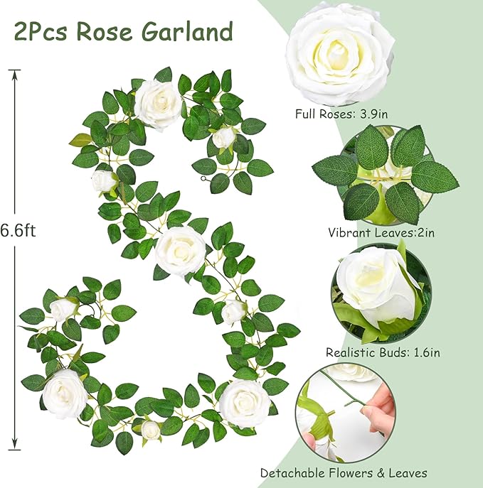 2 Pcs Flower Garland with 19.6 Ft Lights, 13.2 Ft White Floral Garland Fake Flowers for Wedding Arch Party Wall Garden Room Decor