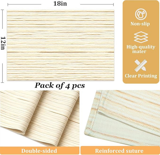 Farmhouse Style Natural Wood Linen Fabric Grain Placemats Set of 4, Table Mats for Dining, Heat-Resistant Tabletop Place Mats 12x18 Inch Backing For Picnic Kitchen for Indoor Decor, Light Beige