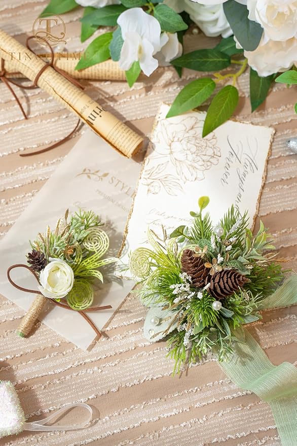 TINGE TIME Corsage and Boutonniere Set, Prom Flower Wrist Corsage Wristlet, Boutonniere for Men Wedding Flowers Accessories Prom Suit Decorations (White Ivory Greenery)