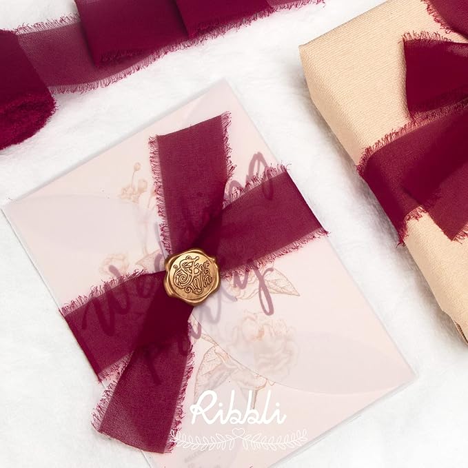 Ribbli Burgundy Chiffon Ribbon 1-1/2 inch x 20 Yard Handmade Fringe Chiffon Silk Ribbon,Black Ribbon for Wedding Invitations, Bridal Bouquets Wrapping, Flower Arrangement Decoration