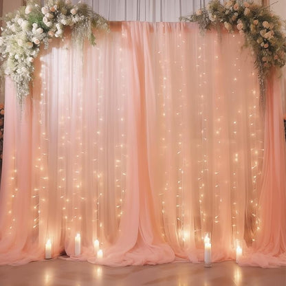 20ft x 10ft Peach Backdrop Curtain with Lights String for Parties, Sheer Tulle Wedding Photo Backdrops Drapes for Baby Shower Birthday Party Decorations Background for Photography