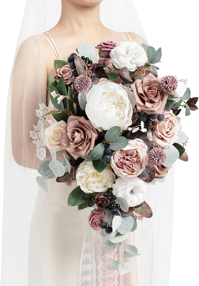 Ling's moment Pink Wedding Bouquets for Bride, Dusty Rose and Mauve Bridal Bouquets for Bride, 15 Inch Free Form Artificial Wedding Flowers Bouquets
