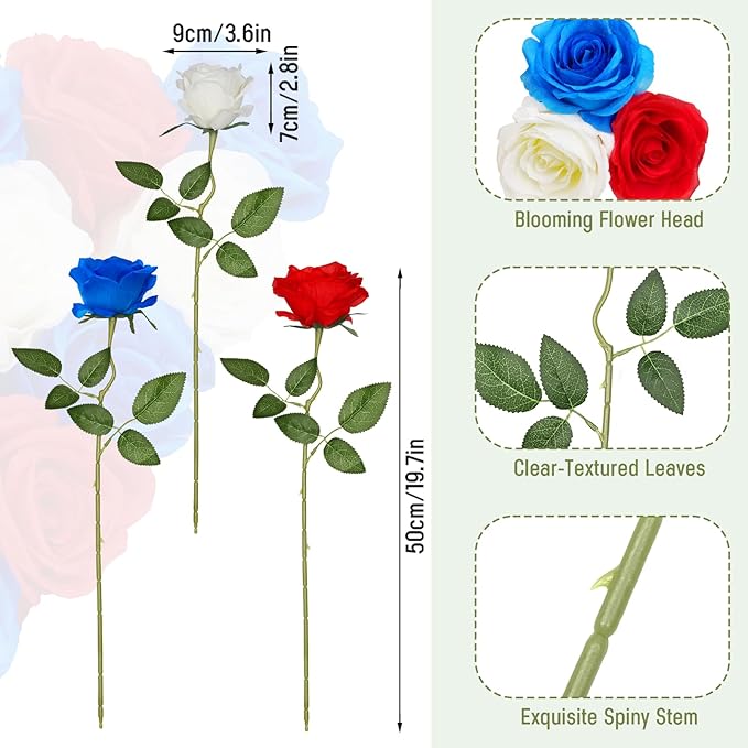 Waipfaru 16 Pcs Memorial Day Flowers for Cemetery Grave, Red White and Blue Flowers, Fake Roses Artificial Flowers 4th of July Independence Day Patriotic Decor