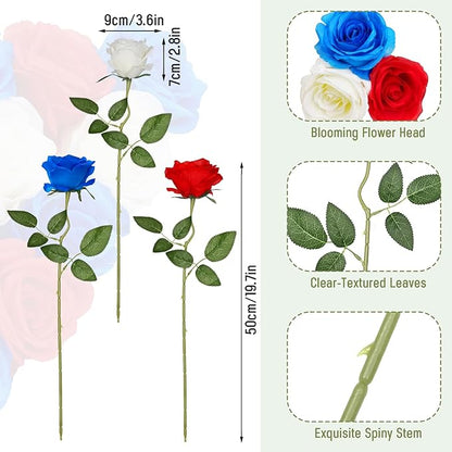 Waipfaru 16 Pcs Memorial Day Flowers for Cemetery Grave, Red White and Blue Flowers, Fake Roses Artificial Flowers 4th of July Independence Day Patriotic Decor