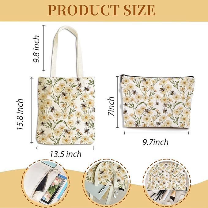 Flower Plant Lover Gifts for Women Canvas Tote Bag with Makeup Bag Cosmetic Bags Grocery Bags for Shopping Christmas