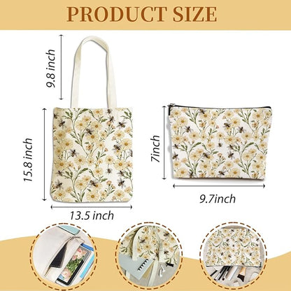Flower Plant Lover Gifts for Women Canvas Tote Bag with Makeup Bag Cosmetic Bags Grocery Bags for Shopping Christmas