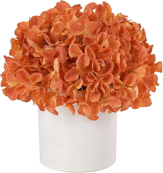 Artificial Hydrangea Flowers in Vase, Fake Flowers with White Ceramic Vase Small Faux Pot Floral Arrangement for Home Desktop plant Kitchen Bathroom Coffee Table Centerpiece Decor (Burnt Orange)