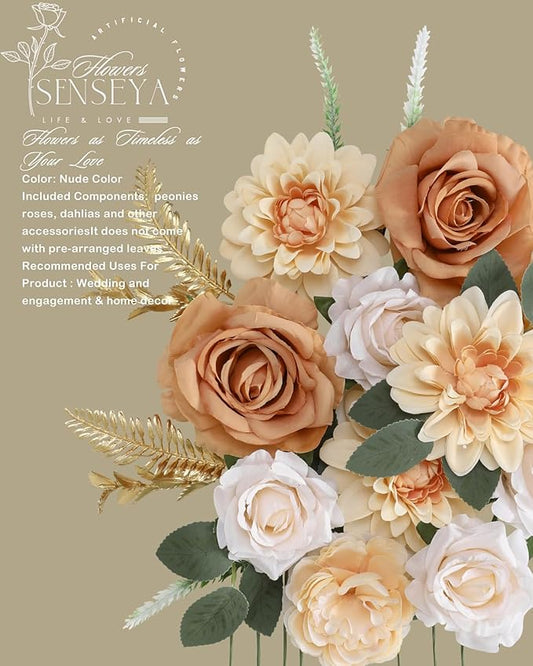 Senseya Artificial Flowers Combo, Nude Color Silk Roses, Peonies, Dahlias with Stems for DIY Wedding Bouquets, Baby Shower, Table Centerpieces, Home Decor, Fake Floral Arrangements, Party Decorations