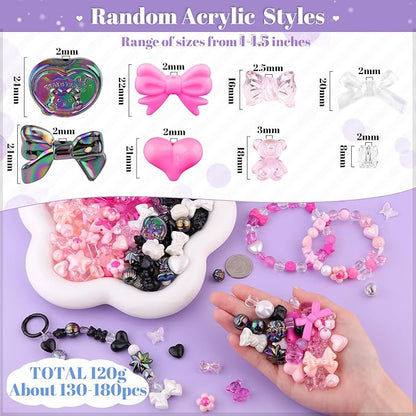 Assorted Acrylic Beads, 130-180PCS 3 Mixed Series Cute Beads for Bracelet Making, GummyBear Bow Flower Kawaii Charms for Jewelry Making DIY Necklace Keychain Phone Charm Christmas Gift