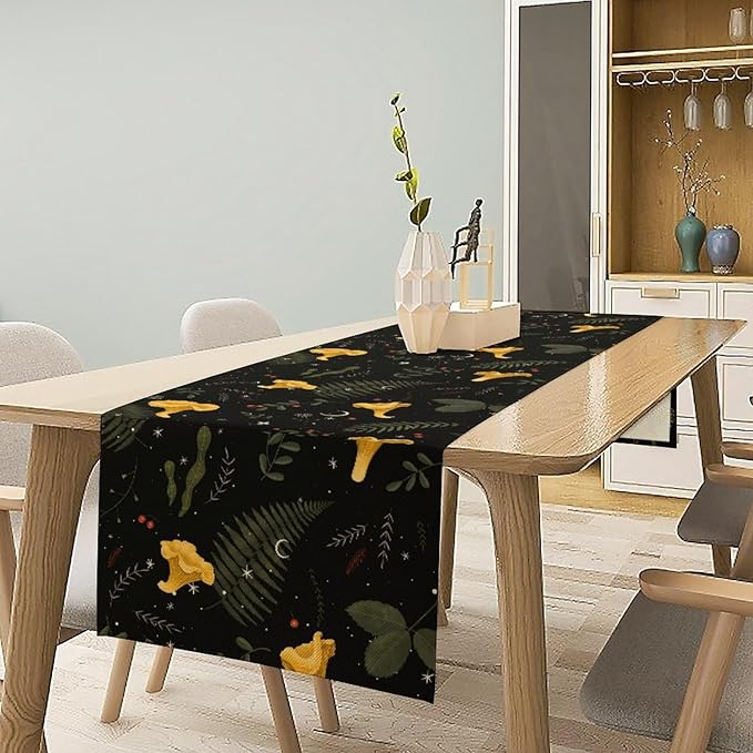 Magical Forest Table Runner, Rustic Country Wild Yellow Mushrooms Plants Botanical Herbs Print Table Runner for Holiday Farmhouse Kitchen Dining Table Decor, 13x70inch