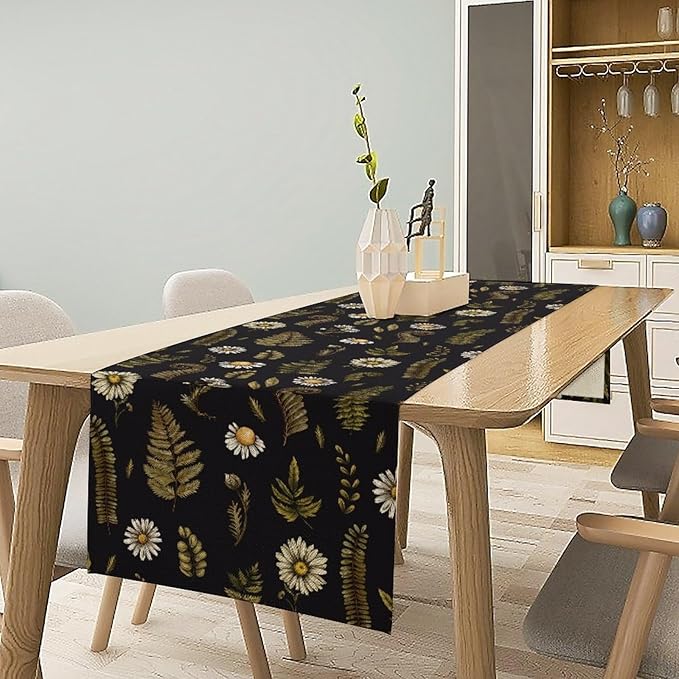 Vintage Daisy Flower Table Runner, Rustic Forest Green Plants Leaves Wild Floral Ferns Print Holiday Kitchen Dining Coffee Table Decoration for Home Indoor Outdoor Party, 13x120inch