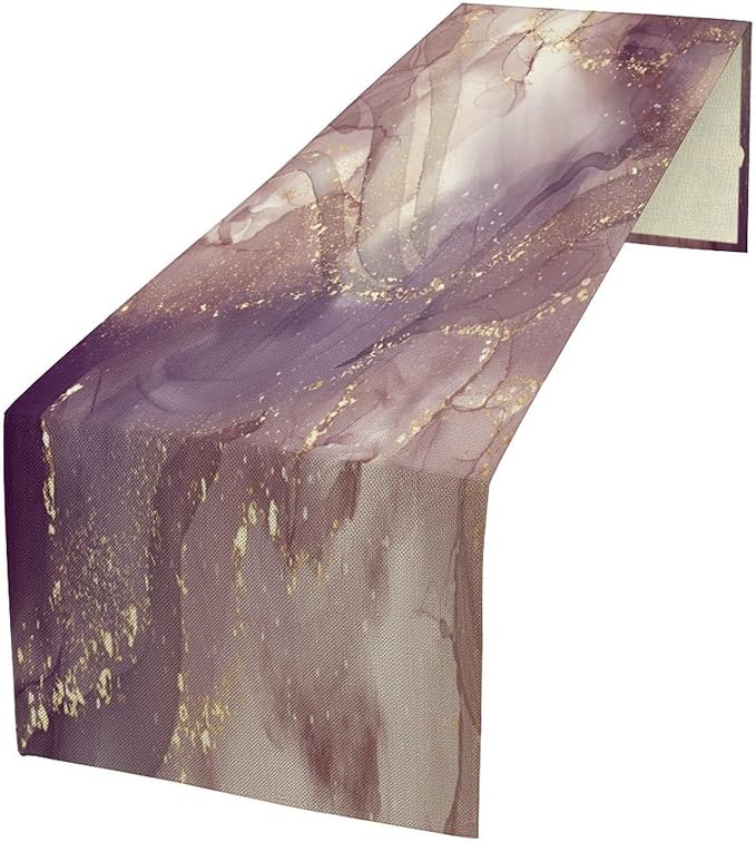 Pink Marble Table Runner Purple Maroon Gold Veins Unique Ombre Abstract Modern Luxury Ink Texture Seasonal Dinner Runner Table Decoration for Home Kitchen Dining Holiday Party 13x70in