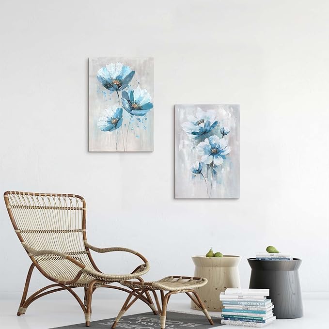 Flower Abstract Canvas Wall Art: 2 Pieces Teal Floral Prints Artwork Vintage Turquoise Bouquet Botanical Painting Picture for Bedroom Living Room Bathroom Home Office