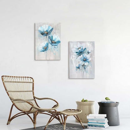 Flower Abstract Canvas Wall Art: 2 Pieces Teal Floral Prints Artwork Vintage Turquoise Bouquet Botanical Painting Picture for Bedroom Living Room Bathroom Home Office