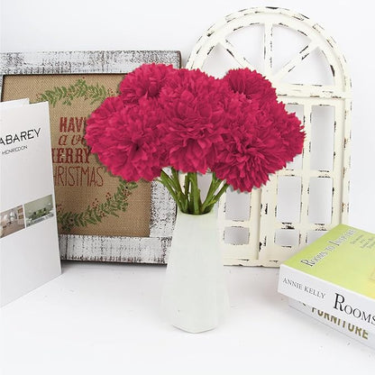 Tinsow 12Pcs Artificial Chrysanthemum Flowers Faux Bright Red Ball Flowers Burgundy Fall for Christmas Autumn Farmhouse Home Decoration (12,Bright Red)