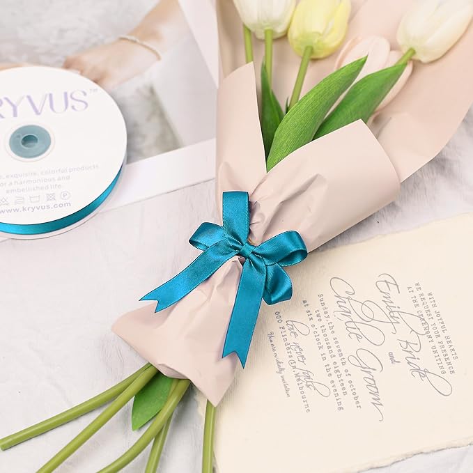 Premium Double Faced Turquoise Blue Satin Polyester Ribbon, 5/8 Inch X 50 Yards, Luxury, Perfect for Gift Wrapping, Crafts, Wedding Decor, Special Occasions