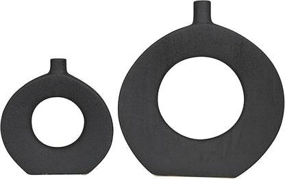 CosmoLiving by Cosmopolitan Ceramic Decorative Vase Round Donut Shaped Centerpiece Vases, Set of 2 Flower Vases for Home Decoration 15", 10"H, Black