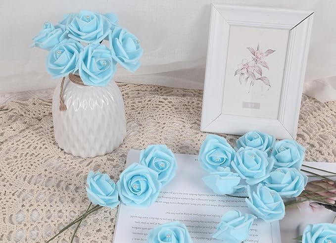 Foam Roses with Pearls 2.56in 50PCS Light Blue Roses Artificial Flowers Bulk Foam Flowers with Stem for Wedding, Bridal Shower, Cake, Graduation and Home Decor(Light Blue)