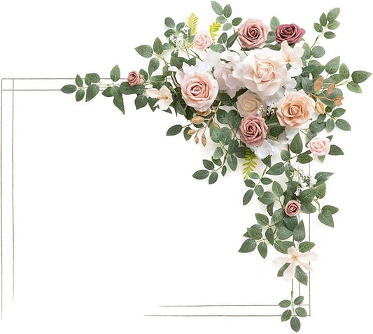 Ling's Moment Wedding Artificial Welcome Sign Flowers Swag Arch Floral Garland Decorations Dusty Rose Cream Ceremony Reception Entrance Entryway Party Banquets Easel Wall Home Outdoor(NOT Include Sign