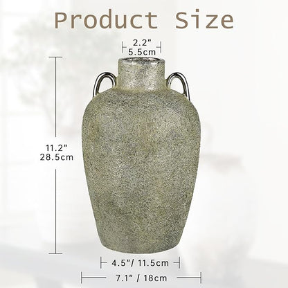 Large Ceramic Vase, 11.2" Tall Rustic Farmhouse Vase, Vintage Flower Vase with 2 Ears, Electroplated Terracotta Floral Vases for Home, Living Room, Shelf, Mantel, Entryway, Wedding, Table Centerpiece