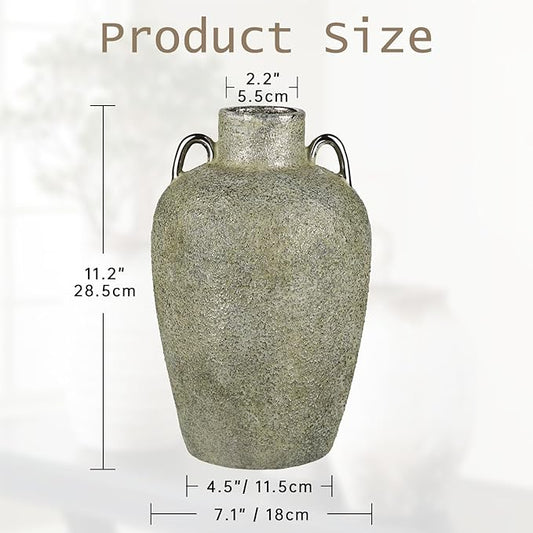 Large Ceramic Vase, 11.2" Tall Rustic Farmhouse Vase, Vintage Flower Vase with 2 Ears, Electroplated Terracotta Floral Vases for Home, Living Room, Shelf, Mantel, Entryway, Wedding, Table Centerpiece