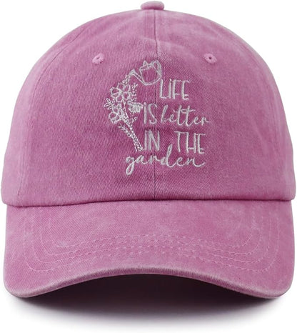 Life is Better in The Garden Hats for Women, Adjustable Cotton Embroidered Gardening Baseball Cap