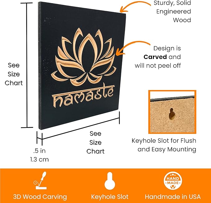 Namaste Lotus Flower Wall Decor - Choice of Colors and Sizes | Carved Wooden Zen Wall Decoration, Meditation Room Art, Namaste Decor for Wall, Yoga Studio, Pooja Room, Alter | True Stock Studios