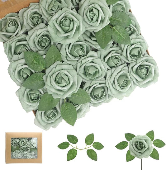 100PCS Elf Green Artificial Flowers Roses Real Looking Foam Fake Roses with Leaves for DIY Wedding Bouquets Bridal Shower Party Decorations (Elf Green, 100)