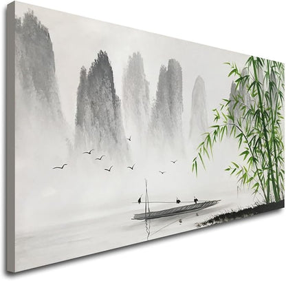 Chinese Shanshui Painting Black and White Landscape Wall Art Green Bamboo Canvas Artwork