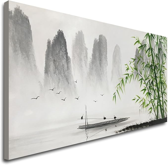 Winpeak Art Traditional Chinese Painting Black and White Landscape Canvas Wall Art Bamboo Artwork