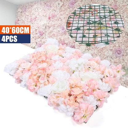 4Pcs Artificial Flower Wall Panel,3D 16" X 24" Silk Rose Mat Artificial Flower Wall,Rectangle Decorative Backdrop Flower Panels Wall for Bridal,Patio,Garden,Yard Decor (White,Pink)