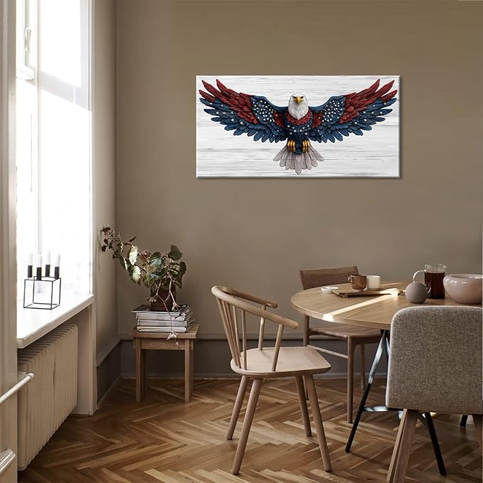 Bald Eagle Canvas Wall Art American Eagle Wall Décor -American Bald Red Blue Flag Canvas Wall Art Usa Independence Day Prints Painting Ready to Hang for Living Room, Bedroom, Office, Dorm 46L" x 23W"
