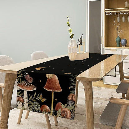 Retro Mushroom Table Runner, Boho Night Plants Leaves Moon Star Botanical Snail Butterfly Print Table Runner for Home Kitchen Dining Table Decor, 13x36inch