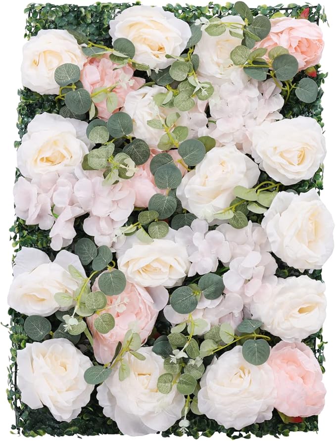 Artificial Flower Wall Panels, Silk Wedding Flower Wall Backdrop Panel, 3D Floral Panel Artificial Floral Wall Mat Flower Screen for Photo Party Wedding Wall Background Decor (6PCS White+Pink)
