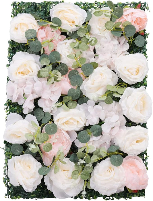 Artificial Flower Wall Panels, Silk Wedding Flower Wall Backdrop Panel, 3D Floral Panel Artificial Floral Wall Mat Flower Screen for Photo Party Wedding Wall Background Decor (6PCS White+Pink)