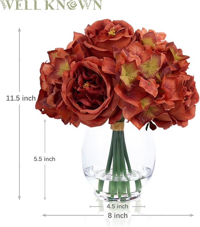Burnt Orange Silk Peonies Artificial Flowers & Hydrangea in Glass Vase with Fake Water, Fake Austin Rose Bouquet with Vase for Fall Home Hotel Office Wedding Party Decor as Table Centerpieces & Gift