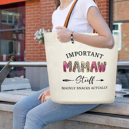 Canvas Tote Bag for Women, Important Stuff Bag with Leather Handle, Reusable Grocery Bags for Shopping Beach Travel