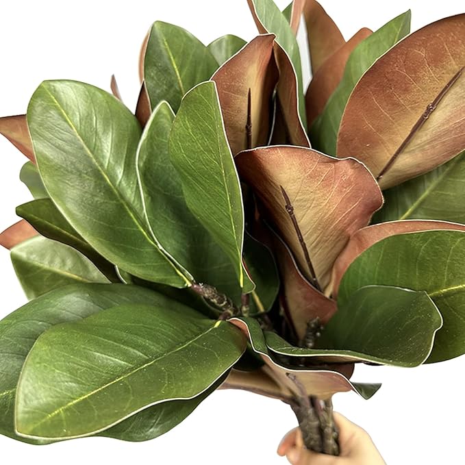 4 Artificial Magnolia Leaf Stems, Real Touch Fake Green Branches for Flower Arrangement, Centerpiece for Indoor and Outdoor Home Dining Tables, Wedding and Party Decorations(Green)