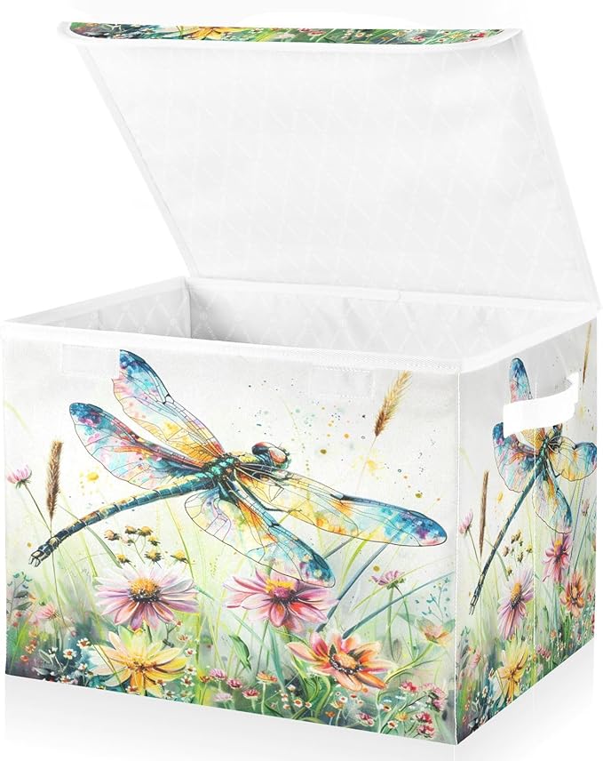 senya Baskets Collapsible Storage Bins with Lids, Dragonfly Wildflowers Painting Storage Boxes Clothes Baskets for Organizing, B06D22020